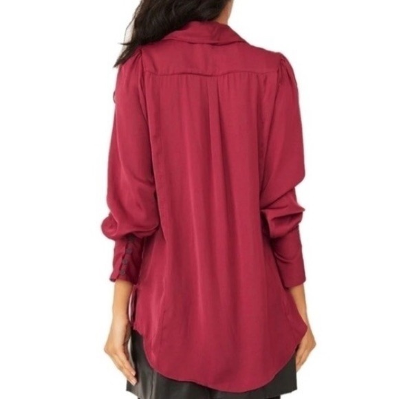 Free People Lala Solid Blouse By Off Beat Burgundy Button Down Blouse Bow Small - Picture 4 of 16